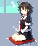  1girl blue_eyes blush braid brown_hair cup fingerless_gloves gloves hair_ornament kantai_collection kneeling long_hair personification pillow pleated_skirt ponytail school_uniform serafuku shigure_(kantai_collection) single_braid sitting skirt smile solo teruterubouzu umekichi wariza 