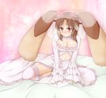  1girl blush breasts brown_hair cleavage dress lopunny navel personification pokemon red_eyes solo thighhighs wedding_dress white_legwear 