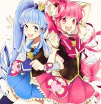  2girls :d aino_megumi black_legwear blue_dress blue_eyes blue_hair bowtie brooch crown cure_lovely cure_princess dress frills guriribalove hair_ornament happinesscharge_precure! heart_hair_ornament jewelry locked_arms long_hair magical_girl mini_crown multiple_girls necktie open_mouth payot pink_dress pink_eyes pink_hair ponytail precure shirayuki_hime signature skirt smile thighhighs twintails wrist_cuffs 