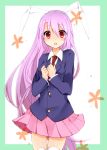  1girl animal_ears chestnut_mouth frame hands_on_own_chest jacket long_hair long_sleeves looking_at_viewer necktie open_mouth pink_hair rabbit_ears red_eyes reisen_udongein_inaba shirt skirt solo thighhighs touhou very_long_hair white_legwear yukina_(masyumaro610) zettai_ryouiki 