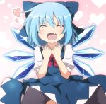 1girl :d blue_dress blue_hair blush cirno closed_eyes do_(4-rt) dress fang hands_on_own_chest heart highres ice ice_wings open_mouth puffy_sleeves shirt short_sleeves smile solo touhou wings 