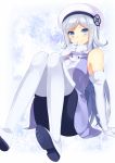  1girl aila_jyrkiainen arm_support bare_shoulders blue_eyes blush boots breasts dress elbow_gloves fur_trim gloves gundam gundam_build_fighters hat long_hair marotti pantyhose silver_hair sitting smile snowflakes solo thigh_boots thighhighs 