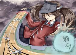  1girl brown_eyes brown_hair hiba_(p-p-purin) kantai_collection personification ryuujou_(kantai_collection) short_hair solo twintails visor_cap 