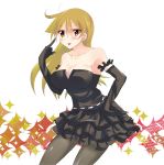  1girl :p bare_shoulders black_dress black_gloves blonde_hair blush breasts cleavage dress elbow_gloves gloves hand_on_hip large_breasts long_hair pantyhose smdrskspk solo tenjouin_asuka tongue tongue_out yuu-gi-ou yuu-gi-ou_gx 