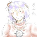  1girl blush closed_eyes fuji_tsugu grin hair_ornament leaf_hair_ornament lowres mirror purple_hair rope rough shimenawa short_hair smile touhou translation_request yasaka_kanako 