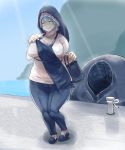  1girl apron bifidus blue_eyes blue_hair breasts curvy kantai_collection large_breasts long_hair slippers smile solo wa-class_transport_ship wide_hips 