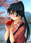  1girl black_hair blue_eyes blush box cherry_blossoms chocolate gift gift_box hakama houshou_(kantai_collection) japanese_clothes kantai_collection keito_(keito-ya) kimono long_hair mountain personification ponytail skirt smile solo tasuki tree valentine water 