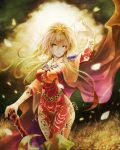  1girl akai_kitsune arm_up blonde_hair bodysuit boots breasts cape character_request female green_eyes hair_ornament large_breasts long_hair looking_at_viewer petals solo thigh_boots thighhighs very_long_hair 