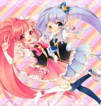  2girls aino_megumi blue_eyes blue_hair blue_legwear blue_skirt blush boots character_name crown cure_lovely cure_princess double_v earrings eyelashes hair_ornament happinesscharge_precure! happy heart heart_hair_ornament high_heels jewelry long_hair looking_at_viewer magical_girl multiple_girls open_mouth pink_eyes pink_hair pink_skirt ponytail precure puffy_sleeves ribbon shirayuki_hime shirt skirt smile thigh_boots thighhighs thighs twintails uzuki_aki v very_long_hair white_legwear wink wrist_cuffs zettai_ryouiki 