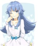  1girl blue_eyes blue_hair dress happinesscharge_precure! happy long_hair looking_at_viewer piyoko5 precure ribbon shirayuki_hime sketch smile solo white_dress wink 
