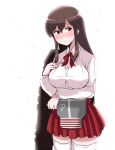  1girl akagi_(kantai_collection) blush breasts brown_eyes brown_hair flight_deck japanese_clothes kantai_collection long_hair personification school_uniform sekitaku skirt thighhighs white_legwear 