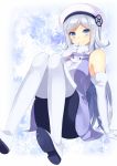 1girl aila_jyrkiainen arm_support bare_shoulders blue_eyes blush boots breasts dress elbow_gloves fur_trim gloves gundam gundam_build_fighters hat long_hair looking_at_viewer marotti pantyhose revision silver_hair sitting smile snowflakes solo thigh_boots thighhighs 