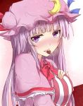  1girl blush bow capelet chocolate crescent hat hat_bow long_hair patchouli_knowledge purple_hair ram_hachimin solo tongue tongue_out touhou violet_eyes 