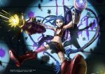  1girl artist_request blue_hair boots firing flat_chest highres jinx_(league_of_legends) league_of_legends single_thighhigh solo thighhighs twintails watermark weapon web_address 