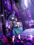 1girl altar ankle_boots blouse blue_rose boots candlestand chandelier checkered checkered_floor church dutch_angle flower grey_eyes hat heart highres indoors janne_cherry komeiji_koishi looking_away petals red_rose rose short_hair silver_hair skirt solo stained_glass third_eye touhou 