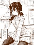  1girl bed black_hair black_legwear box chaigidhiell collarbone heart long_sleeves monochrome no_hat pantyhose pillow pointy_ears ribbed_sweater rough shameimaru_aya short_hair sitting skirt smile solo sweater touhou 