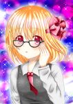  1girl :o adjusting_glasses amiguri1108 ascot bespectacled blonde_hair bust fingernails glasses hair_ribbon long_sleeves looking_at_viewer multicolored_background red_eyes ribbon rumia short_hair solo sparkle touhou vest 