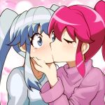  2girls aino_megumi blue_eyes blue_hair blush closed_eyes hand_on_another&#039;s_face happinesscharge_precure! kiss multiple_girls payot pink_hair ponytail precure shirayuki_hime sweater tom_(drpow) turtleneck twintails yuri 
