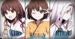  &gt;:) 3girls ;) akagi_(kantai_collection) blush brown_eyes brown_hair cherry_rosso hairband hiryuu_(kantai_collection) japanese_clothes kantai_collection long_hair multiple_girls muneate open_mouth personification short_hair shoukaku_(kantai_collection) side_ponytail silver_hair skirt smile white_hair wide_sleeves wink 