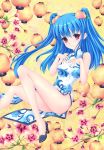  1girl alternate_costume bare_shoulders blue_hair blush breasts china_dress chinese_clothes dress food food_as_clothes food_themed_clothes fred0092 fruit hair_ornament highres hinanawi_tenshi lantern long_hair looking_at_viewer peach red_eyes smile solo thighhighs touhou twintails 
