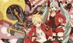  1boy 1girl blonde_hair blue_eyes bracelet electric_guitar green_eyes green_hair grin guitar hand_on_hip hatsune_miku instrument jewelry kagamine_len long_hair necklace open_mouth short_shorts shorts smile sunaya thighhighs torn_clothes torn_thighhighs twintails very_long_hair vocaloid 