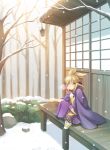  1girl bare_tree bracelet breath bush cape cold facing_away headphones highres jewelry lamp light_brown_hair outdoors outstretched_hand rock sandals short_hair sitting sliding_doors snow snowing solo sword takatsukasa_yue touhou toyosatomimi_no_miko tree veranda weapon yellow_eyes 