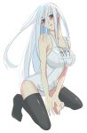  1girl black_legwear blue_eyes blush breasts kisara kneeling large_breasts long_hair one-piece_swimsuit solo swimsuit thighhighs utsukasa white_hair yuu-gi-ou yuu-gi-ou_duel_monsters 