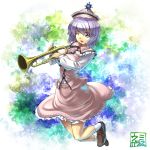  1girl hat instrument merlin_prismriver open_mouth purple_hair shirt skirt skirt_set smile solo touhou trumpet umigarasu_(kitsune1963) vest violet_eyes wink 