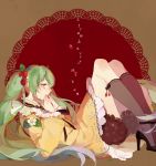  1girl character_name dress food food_as_clothes food_themed_clothes fruit green_eyes green_hair hatsune_miku high_heels kneehighs long_hair p0ckylo solo strawberry strawberry_miku twintails very_long_hair vocaloid 