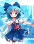  1girl ascot blue_eyes blue_hair bow checkered checkered_background cirno gradient gradient_background hair_bow highres ice ice_wings looking_at_viewer nanahamu outstretched_arm puffy_short_sleeves puffy_sleeves short_hair short_sleeves skirt skirt_set smile solo star starry_background touhou wings 