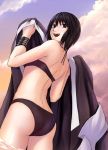  1girl ass back bikini black_hair clouds from_below looking_back naruto open_mouth shizune_(naruto) short_hair sky smile solo swimsuit tk_(tk&#039;s_level4) water 