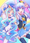 2girls :d absurdres amawa_kazuhiro arm_up black_legwear blue_eyes blue_hair blue_skirt bow brooch choker color_connection crown cure_marine cure_princess happinesscharge_precure! heartcatch_precure! highres jewelry kurumi_erika long_hair magical_girl mini_crown multiple_girls necktie official_style open_mouth payot precure ribbon shirayuki_hime skirt smile thighhighs trait_connection twintails white_legwear wrist_cuffs 