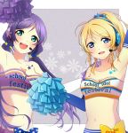  2girls ayase_eli bare_shoulders blonde_hair blue_eyes blush breasts cheerleader cleavage elbow_gloves gloves green_eyes kosato_(0601yuka) large_breasts long_hair love_live!_school_idol_project midriff multiple_girls navel open_mouth pom_poms ponytail purple_hair toujou_nozomi twintails 