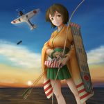  1girl aichi_d3a archery arrow blue_sky blush bomb brown_eyes brown_hair clouds flight_deck highres hiryuu_(kantai_collection) japanese_clothes kantai_collection kyuudou lips ocean personification quiver ribbon short_hair side_ponytail skirt sky smile sun wide_sleeves yugake 