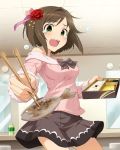  1girl artist_request blush broken_chopsticks brown_hair chopsticks fangs fish flower food foreshortening green_eyes idolmaster idolmaster_cinderella_girls jpeg_artifacts maekawa_miku obentou official_art ribbon short_hair solo star tears 