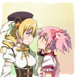  2girls beret blonde_hair blush choker corset detached_sleeves drill_hair eye_contact fingerless_gloves gloves hair_ornament hairpin hand_on_another&#039;s_face hat heart kaname_madoka looking_at_another magical_girl mahou_shoujo_madoka_magica multiple_girls pink_eyes pink_hair puffy_sleeves smile tomoe_mami twin_drills twintails yellow_eyes yoplait yuri 