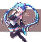  1girl 39 aqua_eyes aqua_hair asato727 boots detached_sleeves hatsune_miku heart long_hair looking_back necktie open_mouth skirt solo thigh_boots thighhighs twintails very_long_hair vocaloid 