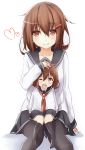  2girls absurdres blush brown_eyes brown_hair commentary_request hair_ornament hairclip hand_on_another&#039;s_head heart highres if_they_mated ikazuchi_(kantai_collection) kantai_collection looking_at_viewer mother_and_daughter multiple_girls neckerchief open_mouth pantyhose personification saku_(kudrove) school_uniform serafuku short_hair sitting sitting_on_person skirt smile wink 