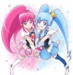  2girls aino_megumi blue_dress blue_eyes blue_hair blue_legwear boots bowtie brooch chocokin crown cure_lovely cure_princess dress earrings frills grin happinesscharge_precure! highres holding_hands jewelry long_hair magical_girl mini_crown multiple_girls payot pink_dress pink_eyes pink_hair ponytail precure puffy_sleeves shirayuki_hime shoes smile thigh_boots thighhighs twintails white_legwear wrist_cuffs 