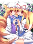  2girls animal_ears blonde_hair bow breast_press fox_ears fox_tail hat hat_bow heart heart_hands heart_hands_duo highres liya multiple_girls red_eyes symmetrical_docking tabard tail touhou white_legwear yakumo_ran yakumo_yukari 