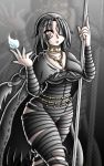 1girl bandages black_hair braid breasts cape choker cleavage demon&#039;s_souls highres jewelry large_breasts long_hair maiden_in_black necklace red_eyes solo staff takilmar 