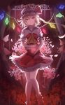  1girl ankle_socks apple ascot blonde_hair chain curtains flandre_scarlet floral_background food fruit hat hat_ribbon head_tilt highres iron_bars knees_together light_smile looking_at_viewer mob_cap red_eyes ribbon short_hair short_sleeves side_ponytail skirt skirt_set solo touhou window wings xjpgc123 