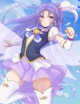  1girl avy417 boots clouds cure_fortune hair_ornament happinesscharge_precure! heart heart_hair_ornament hikawa_iona long_hair looking_at_viewer magical_girl petals precure purple_hair skirt sky solo thigh_boots thighhighs violet_eyes 