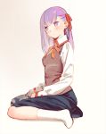  1girl fate/stay_night fate_(series) hair_ribbon kneeling long_hair matou_sakura purple_hair ribbon school_uniform tam_(cuq) violet_eyes 