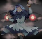  1boy 1girl black_legwear blue_eyes blue_hair dress glowing glowing_eyes grin hood hoop kumoi_ichirin smile susan thighhighs touhou unzan 