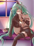  1girl animal_ears bell bell_collar cat_ears cat_tail chain chun_(ya_i_memories) collar cup elbow_gloves gloves green_eyes green_hair hatsune_miku highres jingle_bell long_hair sitting skirt solo tail teacup thighhighs torn_clothes twintails very_long_hair vocaloid window 