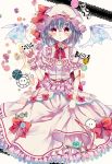  1girl bat_wings blue_hair bow brooch buttons candy dress ginzuki_ringo hat hat_ribbon highres jewelry key mob_cap open_mouth pink_dress pink_eyes puffy_sleeves red_string remilia_scarlet ribbon sash short_sleeves solo string touhou wings wrist_cuffs 
