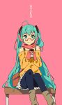  1girl absurdres ahoge aqua_eyes aqua_hair bench bespectacled character_name earmuffs glasses gloves hatsune_miku highres long_hair pantyhose pink_background scarf sitting skirt smile solo twintails very_long_hair vocaloid zhuxiao517 