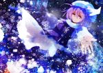  1girl dress hat highres letty_whiterock ogitya purple_hair smile snowflakes solo touhou violet_eyes 
