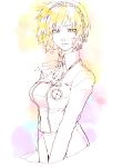  1girl aegis android blonde_hair bow breasts kishi_kaisei looking_at_viewer monochrome persona persona_3 school_uniform short_hair simple_background solo spot_color 